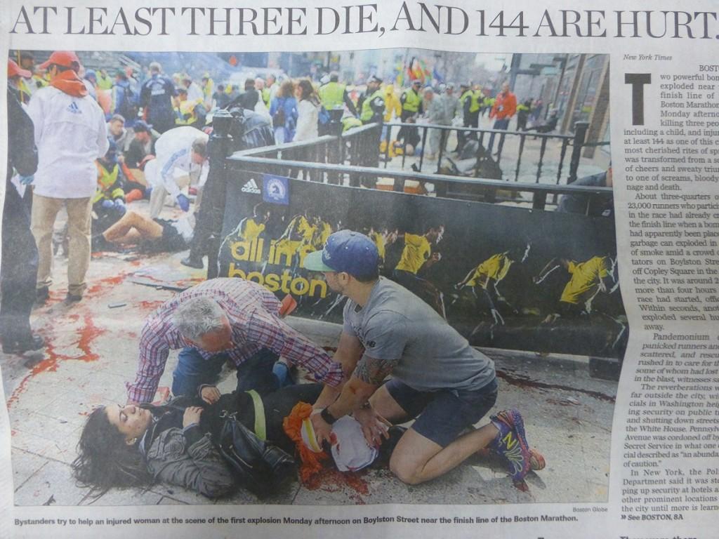 A photo taken a few days after the Boston Marathon Bombing of a newspaper article. 