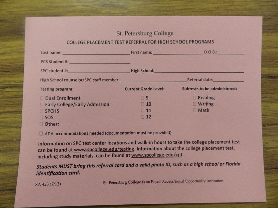 This card is given to students when they apply to take the PERT test by their guidance counselor. Students must take the card to their exam or they will be unable to take the test at all. The card is used for all students, whether they’re taking Dual Enrollment, Early College or are planning on attending Saint Petersburg Collegiate High School. The card can be taken to any SPC campus that administers the test. 