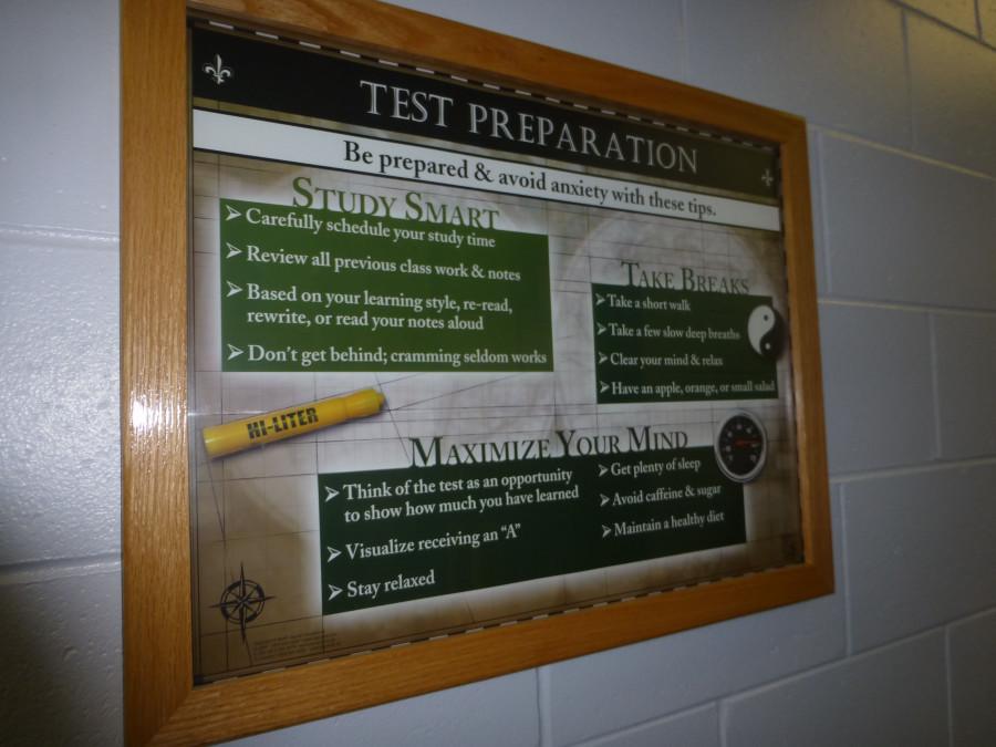 Poster located in the office gives students tips on how to take EOC's.
