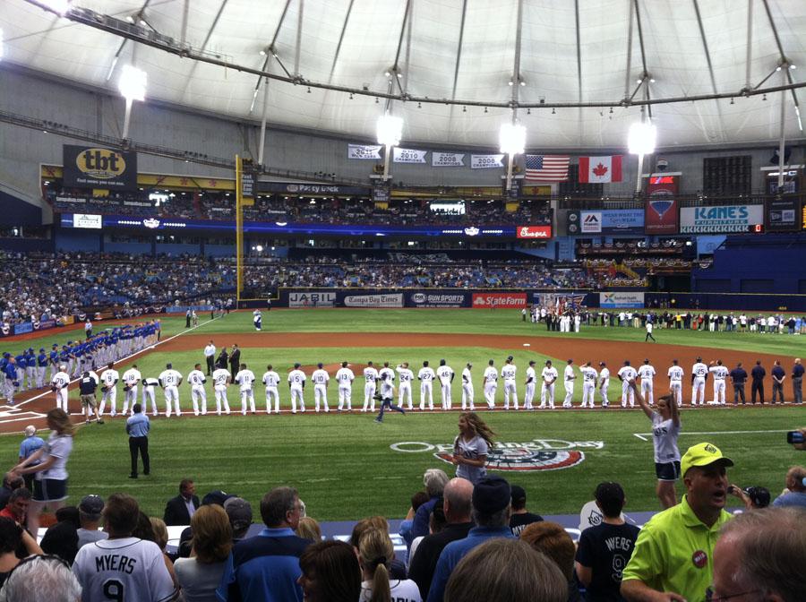 The opening ceremonies on the Opening Day at the Rays stadium.