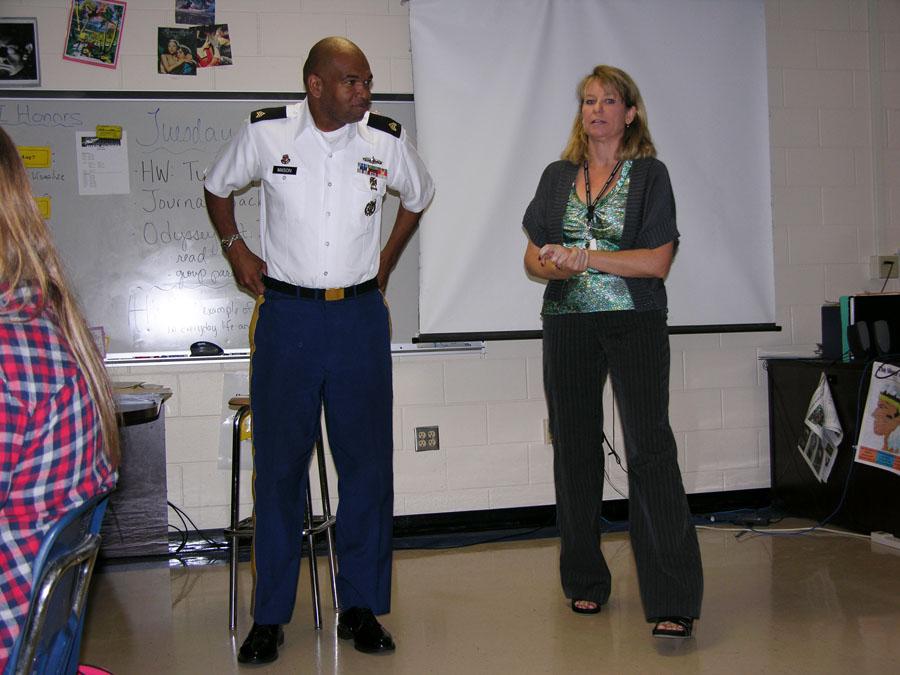 Sergeant Fitzgerald Mason gives a presentation to Ms. Iovino’s class during a previous year’s Great American Teach-in