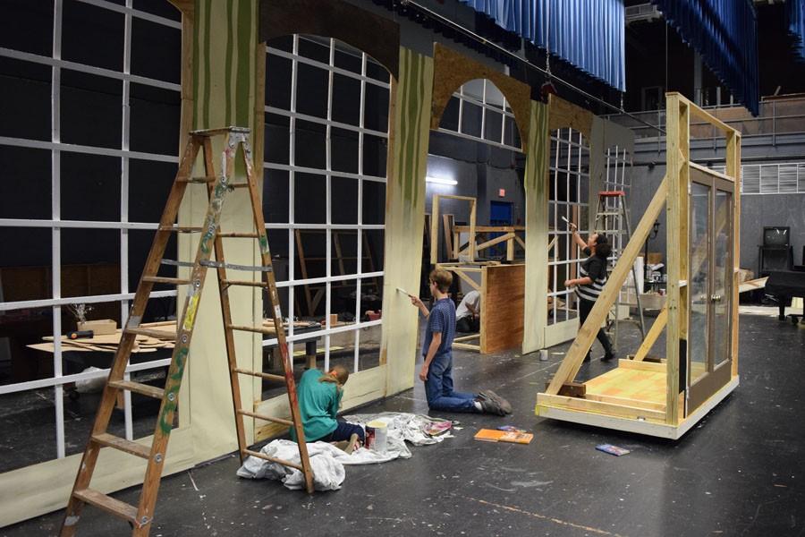 Drama students work to paint and construct the set for next weeks performances.