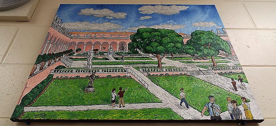 One of Mr. Stewart's former students gave him this painting of his class at the Ringling Museum. 