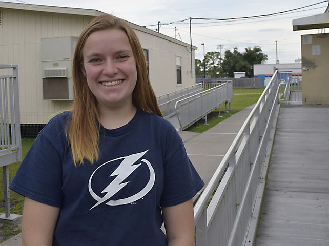 Elizabeth+Riser%2C+11th+grade%2C+shows+her+team+spirit+by+wearing+a+Lightning+shirt.