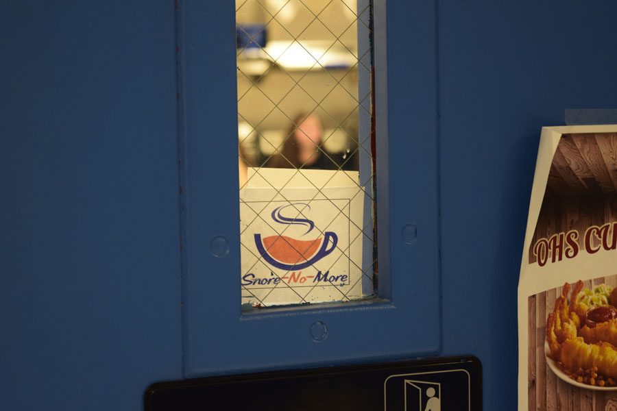The “Snore No More” coffee cart symbol is placed in the door windows of classrooms to show that the cart is allowed to visit that room.