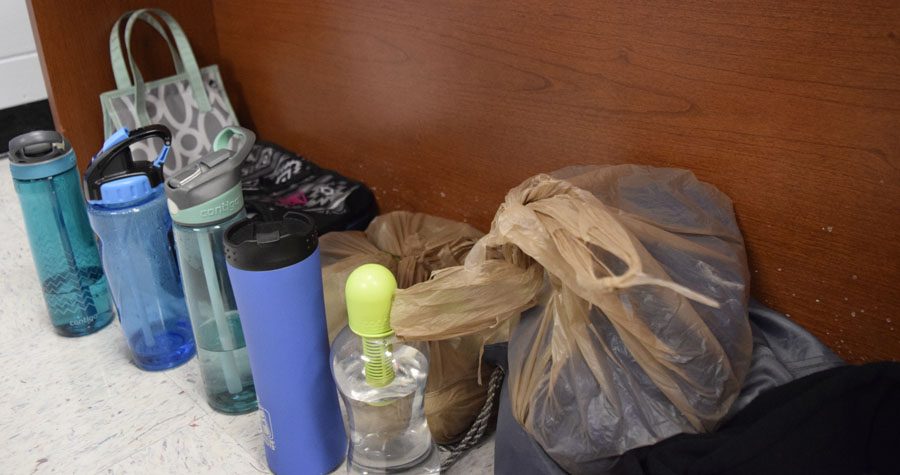 Water bottles and lunch boxes are some of the current items in student services lost and found.