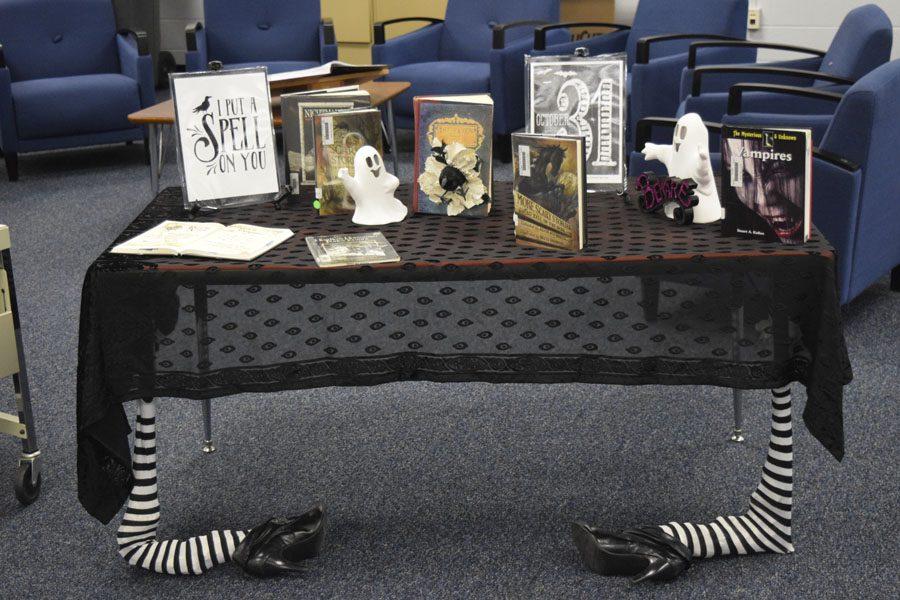 Osceola High's library is decorated for the Halloween season.