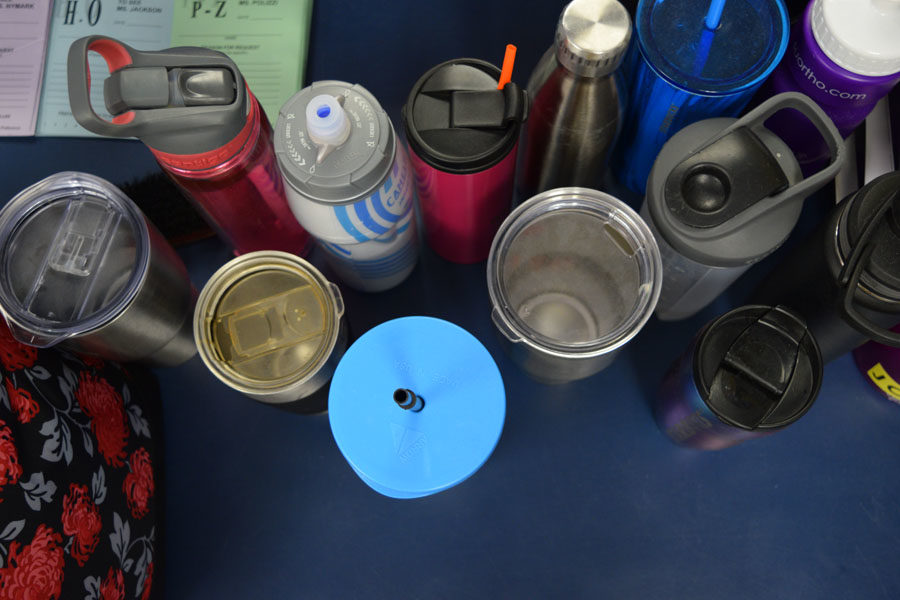 Lost and found gains a collection of water bottles.