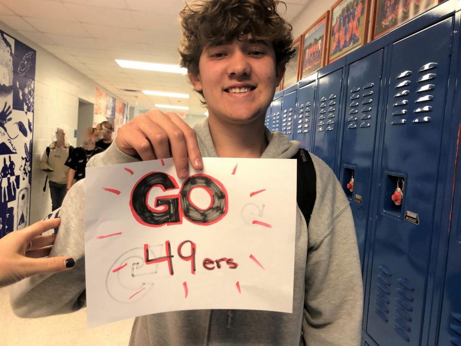 49ers fan, Ethan Tuttle, showing his support for the 49ers in the superbowl.