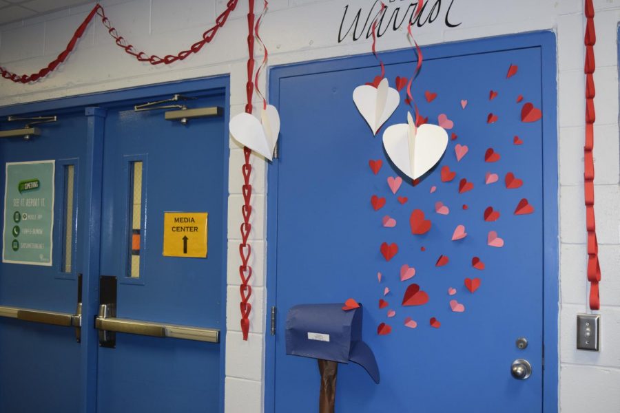 The office now is decorated for Valentine's Day.