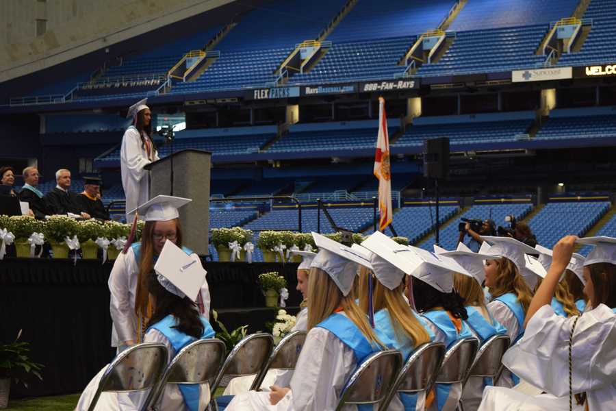 The senior class president of 2015 speaks to her classmates during graduation.