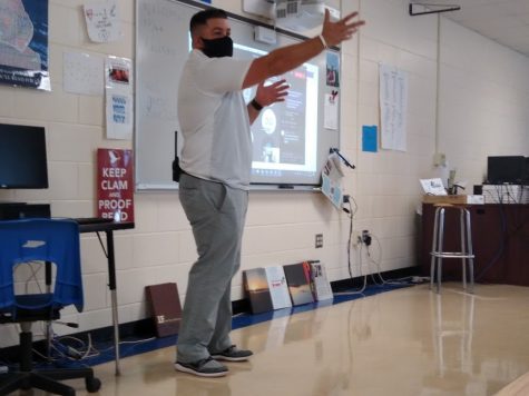 Osceola's new football coach, Coach Montgomery talks to the newspaper class about the upcoming season.