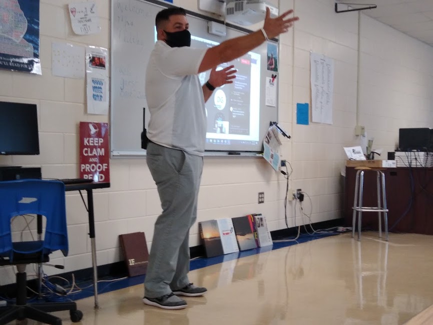 Osceola's new football coach, Coach Montgomery talks to the newspaper class about the upcoming season.