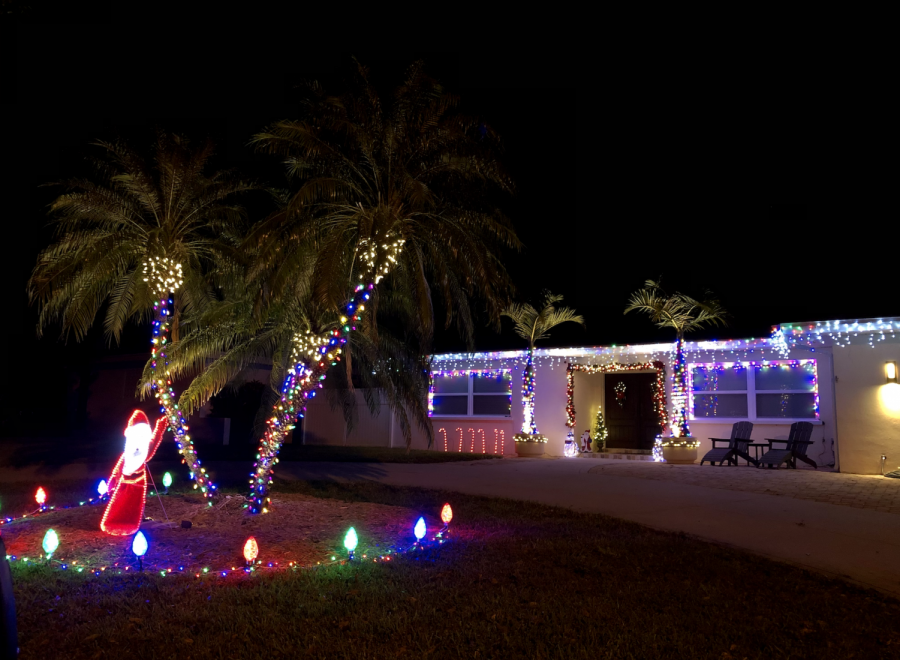 Many houses are decorated for the holidays.