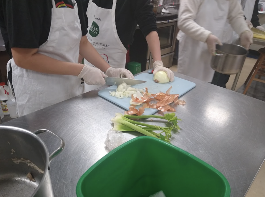 Culinary 1 students cooking soup stock on February 4th.