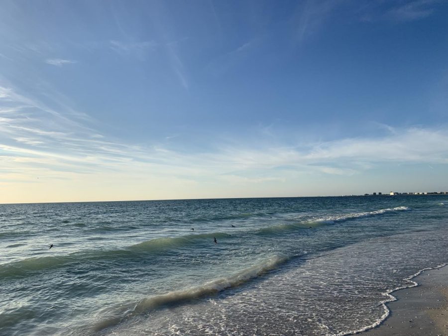 A beachy blue sky over ocean waves. 