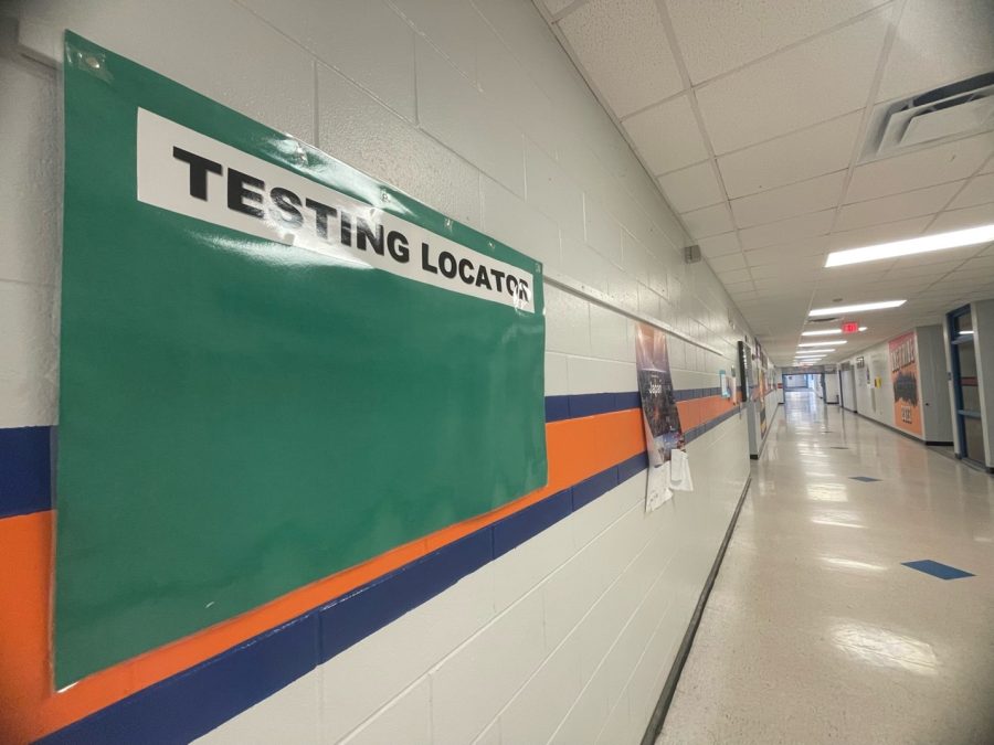 Testing locators are hung around the school for students to check on where they will be testing. 