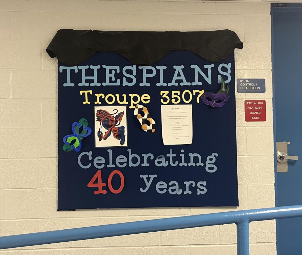 The 'Thespian Troupe 3507' board outside the auditorium. 