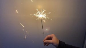 A hand holding a sparkler on New Years Eve with a white background.