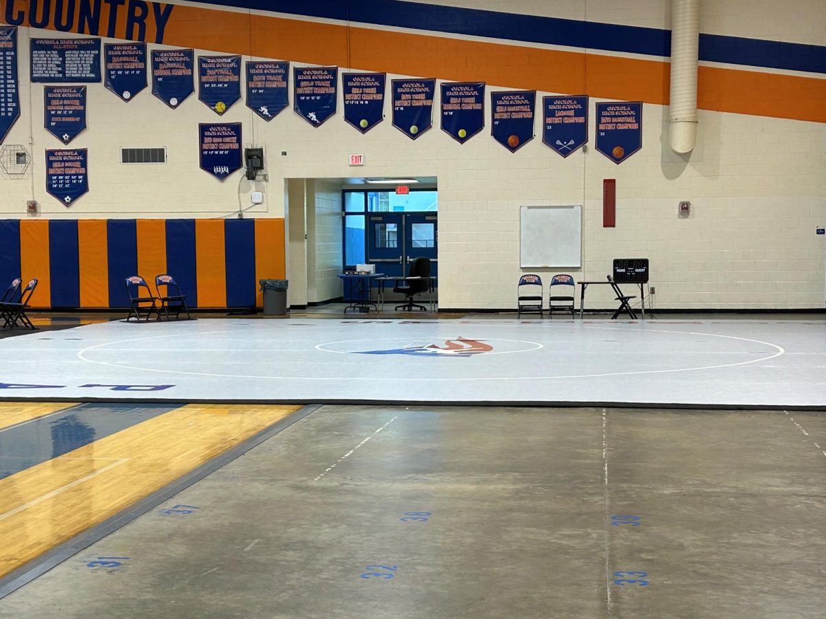 The+gym+preparing+to+host+the+districts+wrestling+tournament+for+schools.+