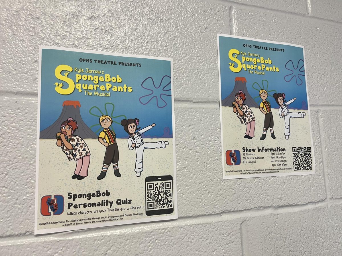 Spongebob the Musical flyers are hung up around school to promote the show and to provide information on how students can buy tickets. 