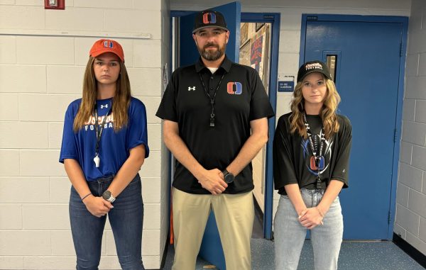 Paige Brisson and Sara Britt dressed up as Coach Palys for Students dress as teachers day during prom week.