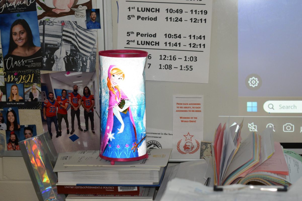 For Teacher thrift gift, Mr. Clay got a Frozen children's lamp.