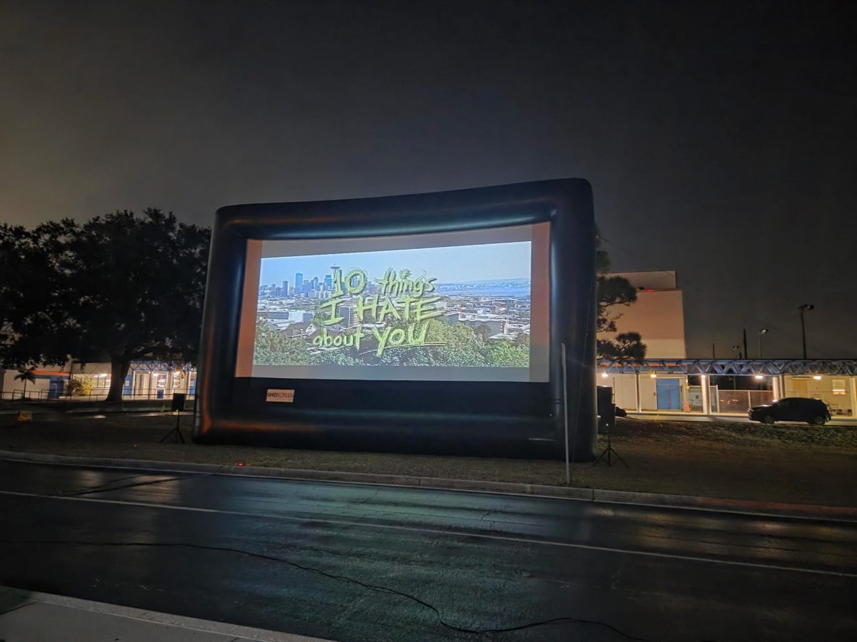 A picture of the Drive in movie screen that is showing the movie 10 Things I hate about you.